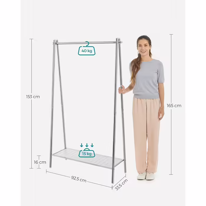 SONGMICS Clothes Rack, Coat Rack, Wardrobe, Clothes Storage, Steel Frame, with Rod and Shelf, 33.5 x 92.5 x 153 cm, for Bedroom, Hallway, Laundry Room, White HSR023W01 (Silver)