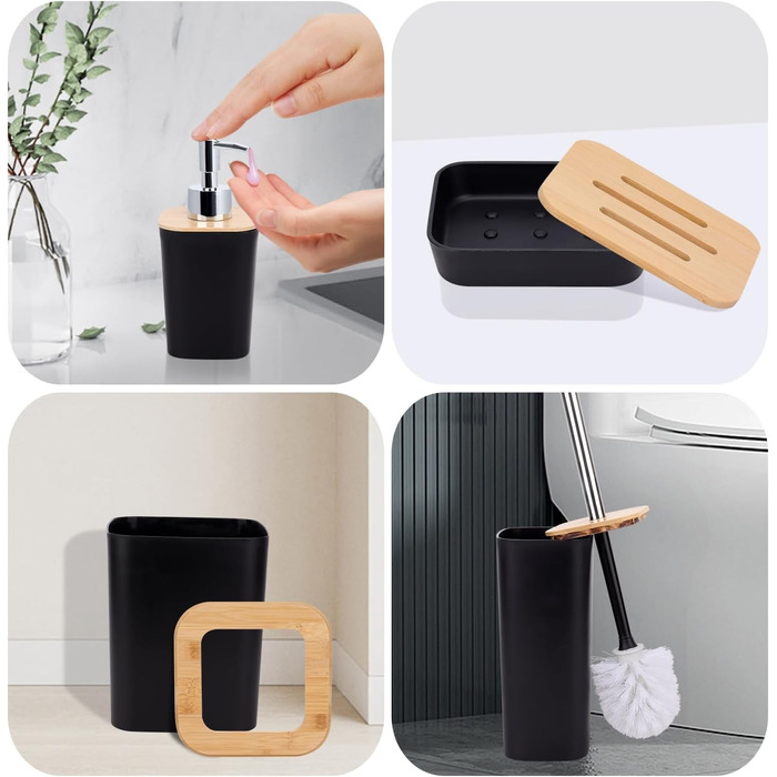 Bathroom Accessories Set - 6Pcs Bathroom Accessories Set made of Bamboo, Lotion Bottles, Toothbrush Holder, Tooth Cup, Soap Dish, Toilet Brush, Waste Bin