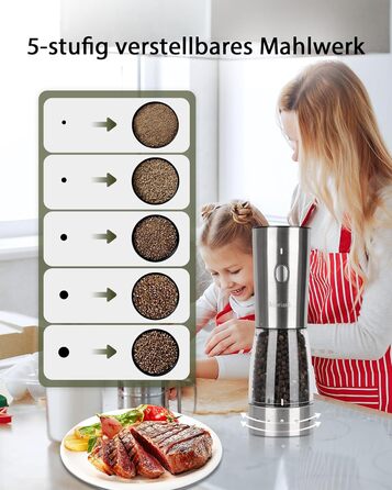 Electric Salt and Pepper Grinder Set of 2, USB Rechargeable Stainless Steel Electric Pepper Grinder with Adjustable Coarseness, Large Capacity, Elegant Storage Base