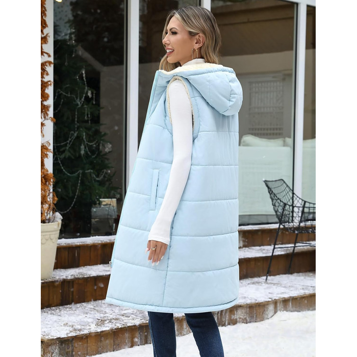 Жіноча степкова жилетка Vancavoo з капюшоном на осінь/зиму. Тепла жилетка з флісовою підкладкою, без рукавів, для відпочинку та перехідного періоду (Блакитна, S)