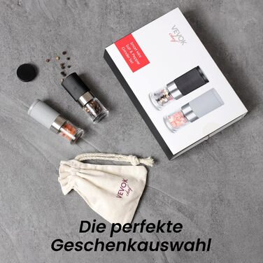 Набір мельниць для солі та перцю Vevok Chef Mini 2 шт. з регульованим керамічним жорном, прозорі. Підходять для кухні, кемпінгу, як подарунок.