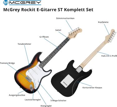 Електрогітара McGrey Rockit ST Комплект (8 предметів) з усіма аксесуарами, сонячний колір