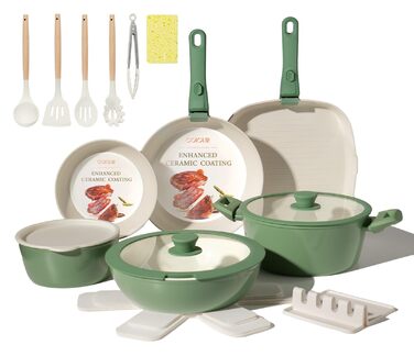 Набір посуду керамічний 23 предмети з антипригарним покриттям та знімними ручками, чорний. Підходить для всіх типів плит, включаючи індукційні. Сковороди 20/26 см, каструля 18 см, сотейник 24 см. Можна використовувати в духовці.