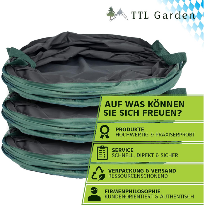 TTL Garden Набір з 3 садових мішків для сміття 160 л, преміум, саморозкладні, посилений 600D Oxford, 220 г/м², для листя, гілок, садового сміття