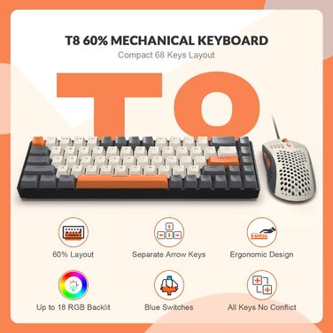 Ігровий комплект клавіатури та миші YINDIAO T8 RGB (68 клавіш) з USB-C кабелем, 6400DPI, для PC/PS5, темно-сірий
