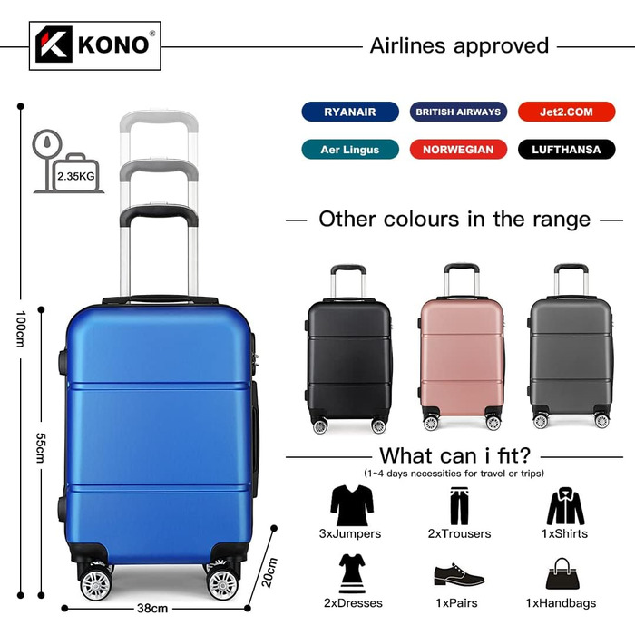 Валіза ручної поклажі KONO з колесами, жорсткий корпус, Trolley 55x38x22 см, 33 літри, ABS, блакитний