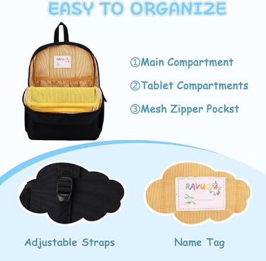 Дитячий рюкзак RAVUO для дівчаток та хлопчиків, шкільний рюкзак з нагрудним ременем, рюкзак для дітей 3-8 років (Чорний)