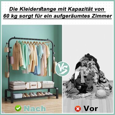 Clothes Rack, Coat Rack Stable Clothes Rail with 6 Hooks and 2 Shoe Shelf Storage Shelf, Bedroom Clothes Rack Freestanding Clothes Rail, Black