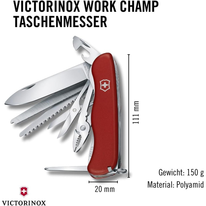 Швейцарський ніж Victorinox Work Champ червоний (21 функція, фіксаційне лезо, пліерси, металева пила)