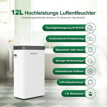 12L/Day Dehumidifier, Electric Dehumidifier with 1.2m Drain Hose, Room Dehumidifier with LED Display, Clothes Drying, Drain Hose, 24H Timer and Defrost, Ideal for Basements, Against Humidity