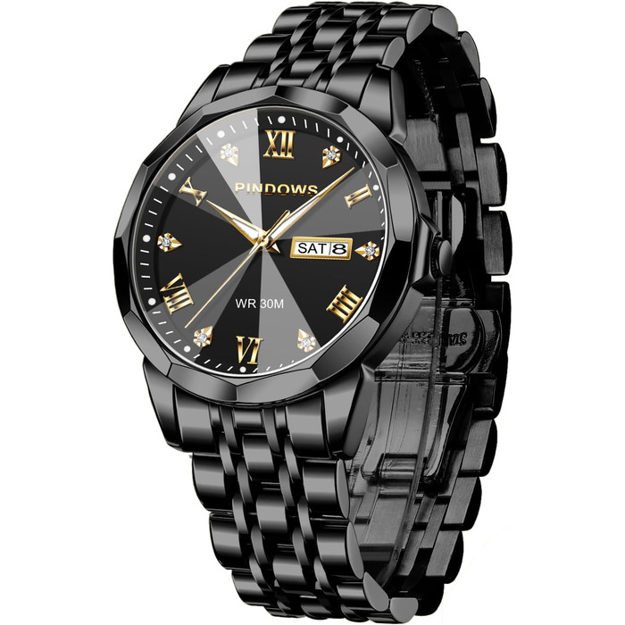 Годинник чоловічий PINDOWS Luxus Quarz аналоговий з датою та великим циферблатом, водостійкий, модний, бізнес-стиль. Елегантний двоколірний годинник з нержавіючої сталі з підсвічуванням календаря De650n1: Чорний