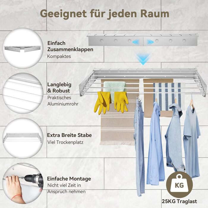 Настінна сушилка для білизни Donken, 80 см, розкладна, для ванної кімнати, балкону, тераси, біла