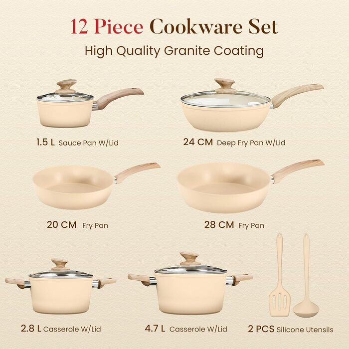 Набір кухонного посуду Kitchen Academy 12 предметів бежевий гранітний антипригарний для індукції, без PFOA/PFOS, сковороди та каструлі для всіх типів плит