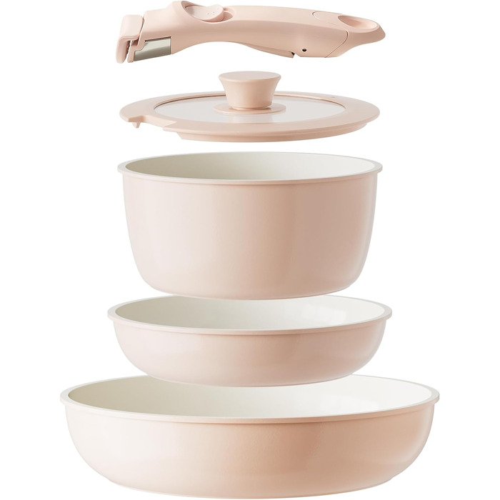 Redchef Ceramic Cookware Set with Detachable Handle, RV Cookware Set for Camping, Ceramic Non-Toxic Pot and Pan Set, PTFE-free, PFAS-free, PFOA-free, Space-Saving, Dishwasher-Safe (5-Piece Pink)