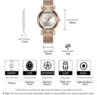 Жіночий годинник CIVO: водонепроникний, мінімалістичний, кварцовий, стильний, елегантний, повсякденний | Y-7 Рожеве золото/Срібло