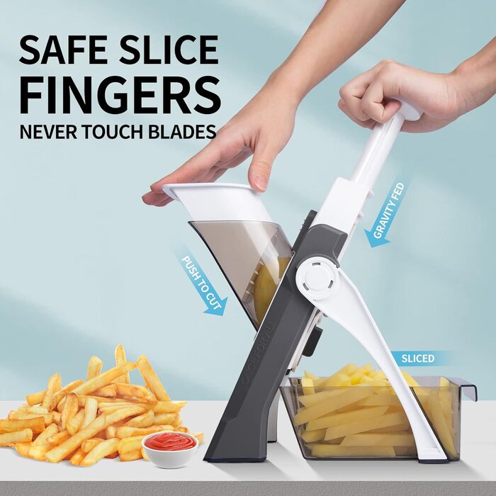 QYKIC Vegetable Slicer, ONCE FOR ALL Adjustable Vegetable Grater Mandoline Vegetable Slicer Potato Slicer Onion Slicer made of Plastic Grey, Stainless Steel