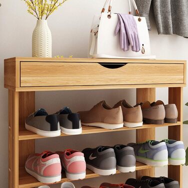 Soges 5-Tier Shoe Rack Shoe Cabinet Wood, 75 x 30 x 94.5 cm Shoe Storage Shoe Stand for Living Room, Entrance Hall, Hallway, Teak