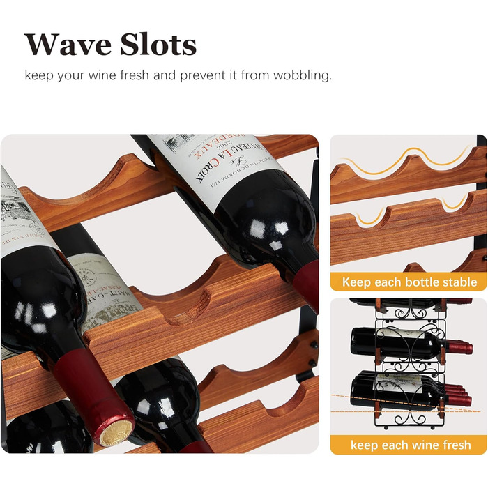 Rustic 3-Tier Stackable Wine Rack Freestanding 12 Bottle Organizer Holder Stand Countertop Liquor Storage Shelf Solid Wood & Iron 16.5