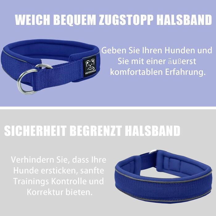 Нашийник для собак з неопрену, 4 см, світловідбиваючий, з нейлону, з зупинячем, зручний, для дресирування, анти-тяга, L, (Темно-синій, обхват шиї 45-56 см)