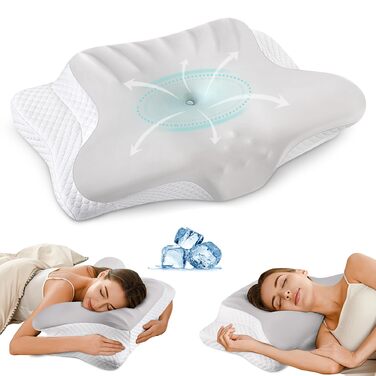 Ергономічна ортопедична подушка для шиї з ефектом пам'яті (Memory Foam) для полегшення болю та підтримки шиї, охолоджуюча подушка для сну, сіро-біла