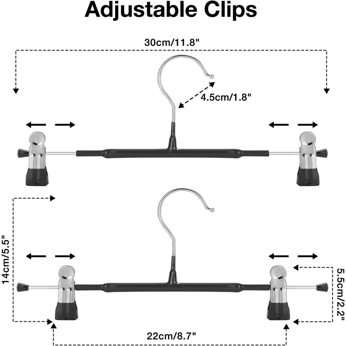 Тонкі вішалки-затискачі для штанів та спідниць GUANJUNE, протиковзкі плієри з регульованими кліпсами, економія місця в шафі (чорні, 20 шт.)