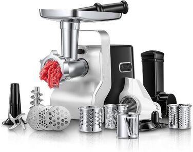 Electric Meat Grinder 5-in-1 - 700W Power, 2800W Max Blocking Capacity, Stainless Steel Grinding Plates (3, 5, 7mm), Sausage Maker, Kubbe Attachment, Black