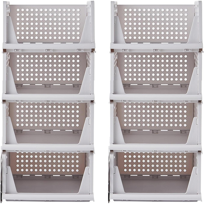 RMAN 8-Piece Stackable Folding Closet Storage Boxes, Closet Organizer Drawers, Plastic Storage Crates for Home, Bedroom, Kitchen - White