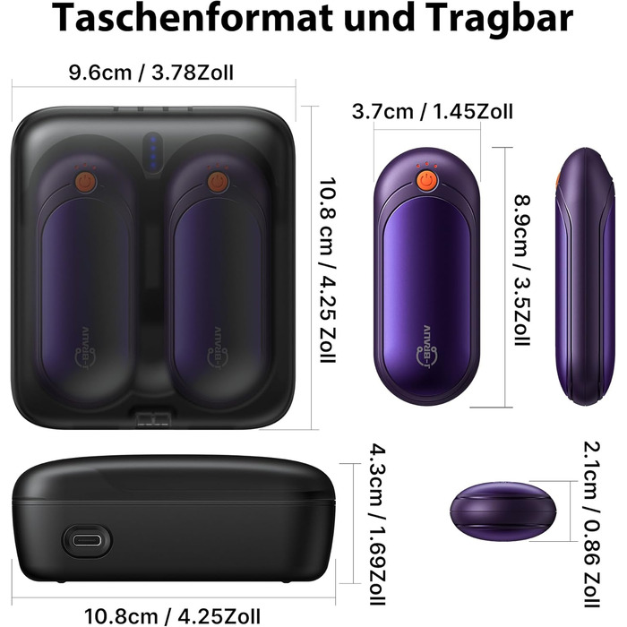 Електричні грілки для рук 2 шт. з акумулятором 2000mAh, зарядний пристрій 10000mAh, 5 режимів нагріву, USB, до 24 годин, для дітей, чоловіків, жінок, фіолетовий, компактний