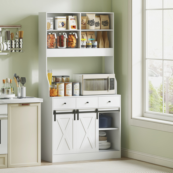 HOMCOM Kitchen Cabinet, Tall Cabinet with Worktop, Buffet Cabinet with Sliding Doors, 3 Drawers, Adjustable Shelves, Storage Cabinet for Kitchen Dining Room 93.5x40x180 cm White | Aosom
