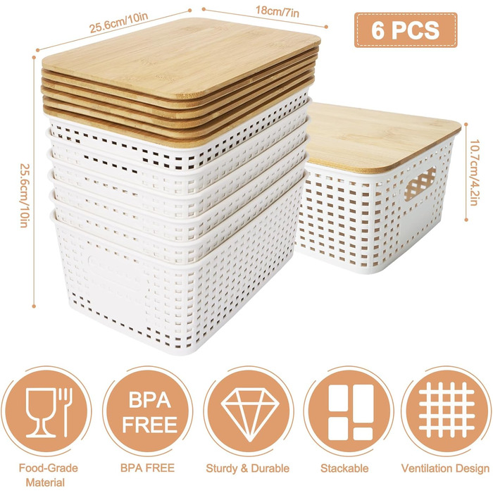 UHAPEER Storage Box with Bamboo Lid, 6 Piece Storage Basket, Plastic Basket Storage, Kitchen Organizer White, Stackable Storage Boxes, Box with Lid 25.6 x 18 x 10.7 cm