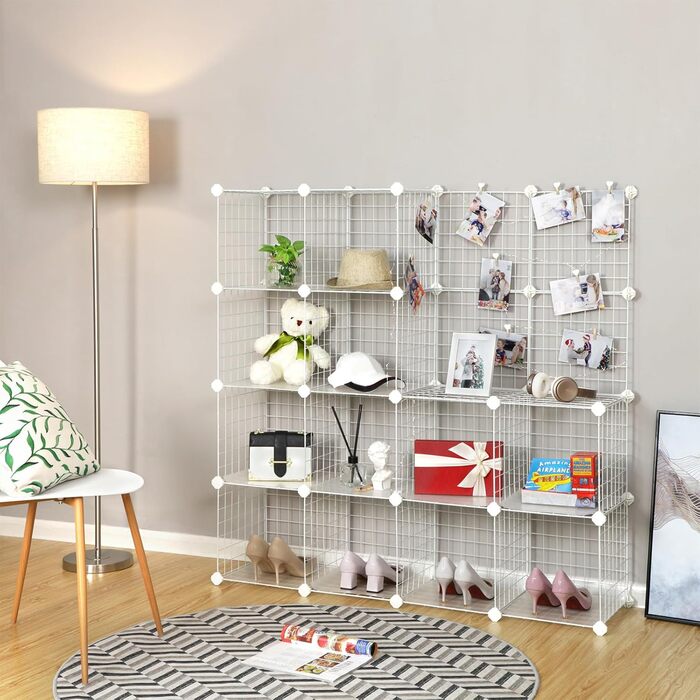 SONGMICS Storage Shelf, 16 Cube Storage System made of Metal Wire, DIY, Modular Grid Shelf, with Wire Frame, LPI44H (White)