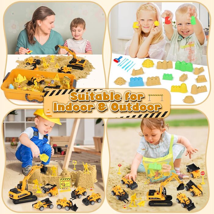 Subtail Magic Sand for Kids - 6 Construction Vehicles | 16 Castle Shapes | 18 Traffic Signs - Kinetic Sand Play Sand, Foldable Sandbox - Gifts for Boys and Girls Ages 3, 4, 5