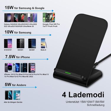 Бездротова зарядка 15W для Samsung Galaxy S25 Ultra, S24 FE, S23, S22, S21, S20, Z Flip6, Google Pixel 9 Pro, 8, 7, 6, iPhone 16, 15, 14 - чорний