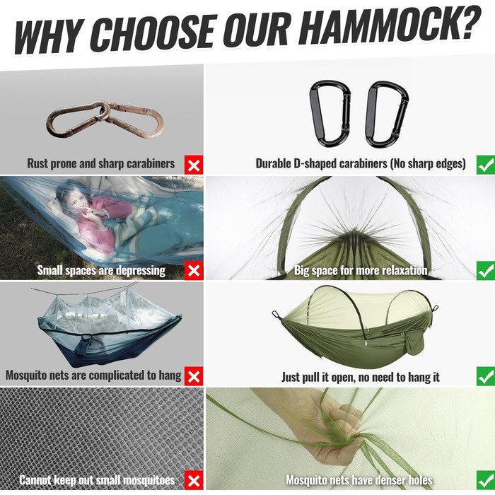 Легка туристична гамак з москітною сіткою, 300 кг | Гамак для кемпінгу, подорожей, рюкзаків, туризму, саду (270x140 см)