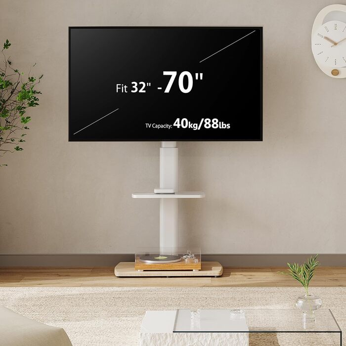 Підставка для телевізора FITUEYES біла з дерев'яною основою, регульована по висоті та поворотна, для телевізорів 32-70 дюймів (плоских та curved), до 40 кг, VESA 600x400
