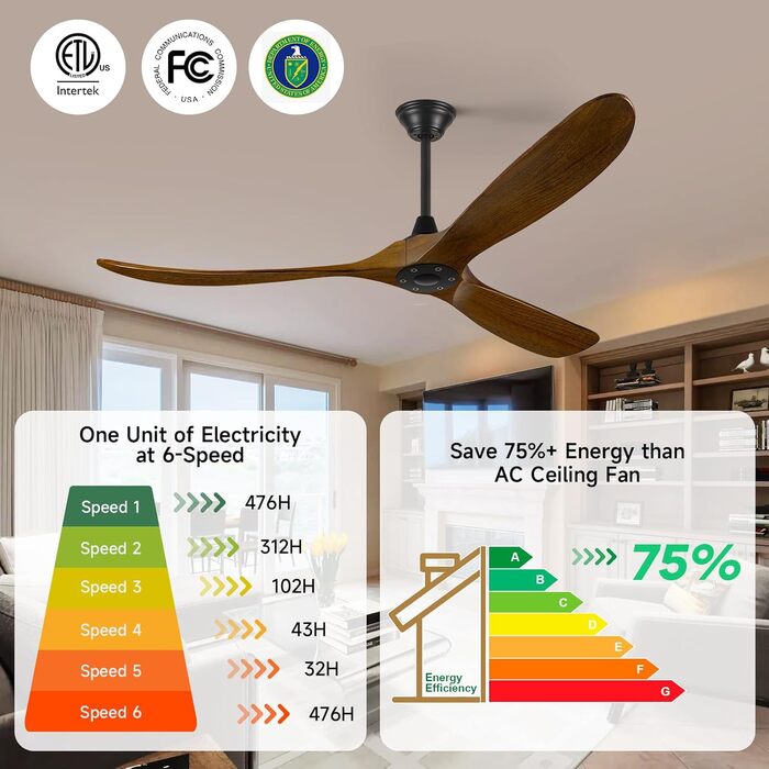 Дерев'яний стельовий вентилятор 152 см з дистанційним керуванням, 60 дюймів, 3 лопаті, DC-двигун, для дому та вулиці, таймер, коричневий