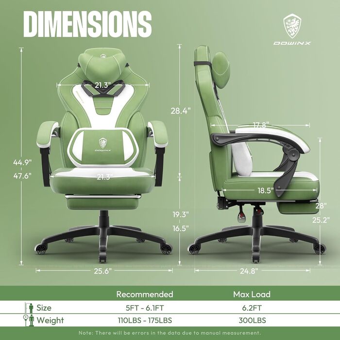 Dowinx Gaming Chair Fabric with Footrest, Large and High Gaming Chair for Heavy People, Computer/PC Gamer Chair for Adults with Massage (Green) Fabric Green