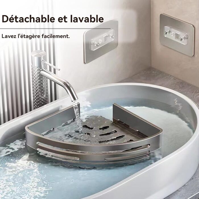 Поличка для душу без свердління - органайзер для ванної кімнати. Етажерка для душу та ванни з 4 гачками. Міцна алюмінієва поличка, водонепроникна з високим бортиком (Сірий)