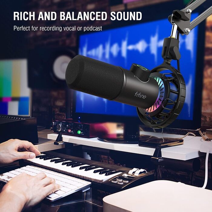 Мікрофон FIFINE K658 Black - USB мікрофон для ПК, PS4, PS5, MAC з RGB підсвічуванням, динамічний, 16 біт/48 кГц, 3.5 мм роз'єм для навушників, Plug-and-Play, з амортизатором