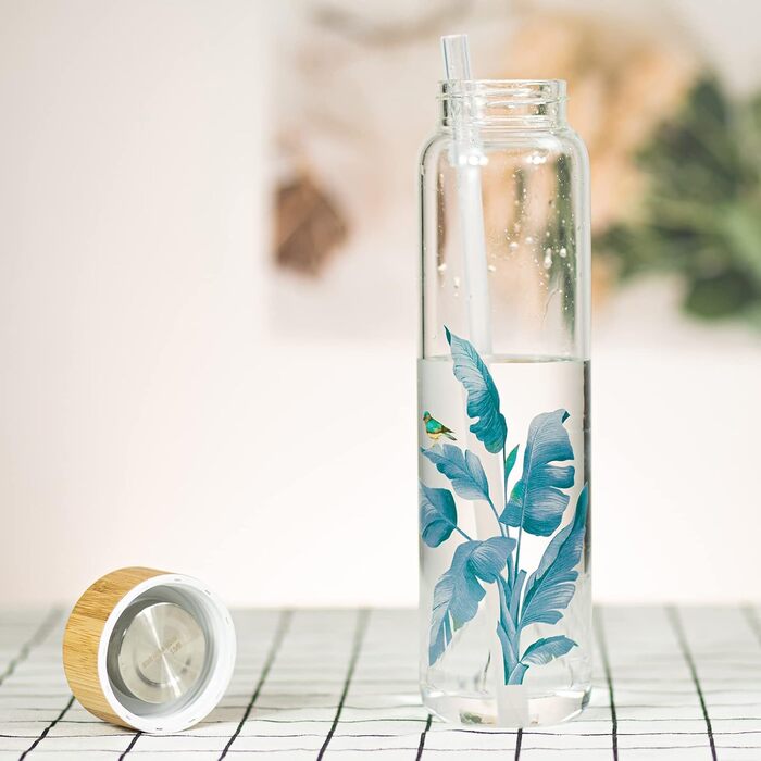 Glass Drinking Bottle 1L Glass Water Bottle with Bamboo Lid 1 Liter (1000ml) (Bird 1liter)