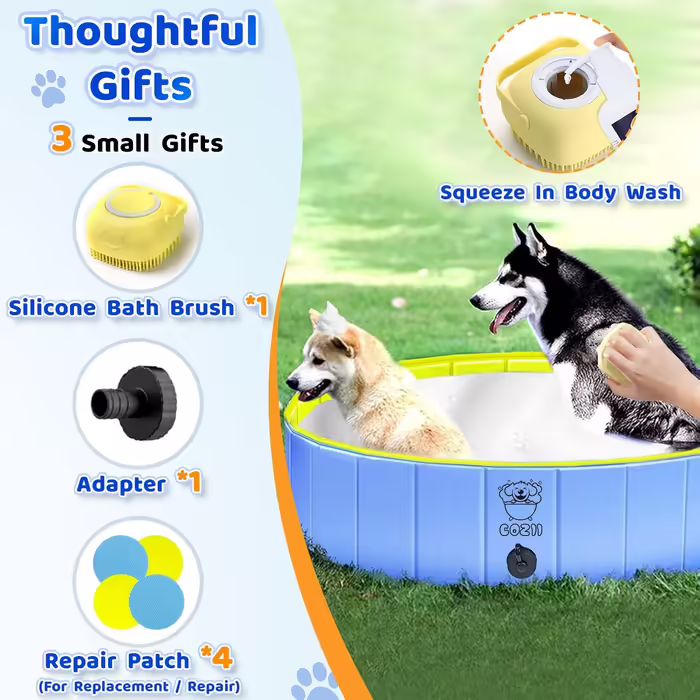 COZII Dog Pool, 160 x 30cm Dog Pool for Large and Small Dogs, Foldable Dog Bathtub, Splash Pool for Children, Portable Dog Pool with Non-Slip PVC and Bath Brush