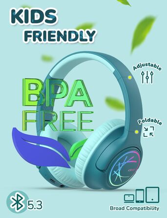 iClever Bluetooth навушники для дітей з LED-підсвіткою, обмеження гучності 74/85dBA, 43 години роботи, стерео звук, Type-C, AUX-кабель, Bluetooth 5.3, для планшетів/подорожей (Турквіс)