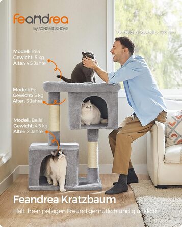 Feandrea Cat Tree, 84 cm Cat Tree, L, Cat House for Large Cats up to 7 kg, Large Platform, 2 Cat Caves, Sisal Posts, PCT61W (XL (68 x 48 x 101 cm), Light Grey)