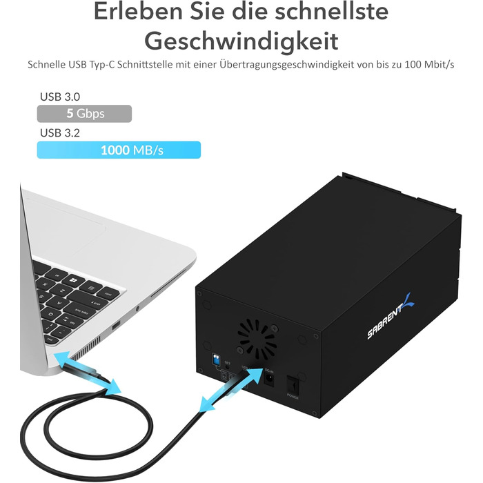 SABRENT Док-станція для жорстких дисків 2 відсіки USB A/C з RAID, SATA SSD/HDD, 2.5/3.5 дюймів, 5Gbps, підтримка 10TB