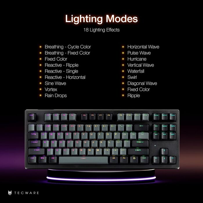 TECWARE Phantom+ 87-клавішна RGB-механічна клавіатура (Чорна) з перемикачами Wraith Red (лінійні, 45 г) – підключення по кабелю, індивідуальне налаштування кольору та підсвічування для кожної клавіші