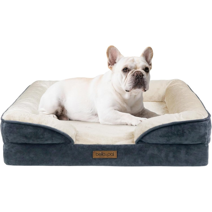 Ортопедичне ліжко для собак BELLA & PAL, 71x59 см - комфортне собаче ліжко з ефектом пам'яті, водовідштовхувальна підкладка, знімний фланелевий чохол, протиковзке дно, сіре