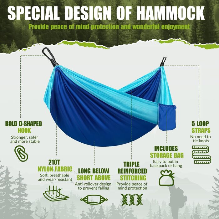 Легка гамак для відпочинку на природі | Гамак для кемпінгу та подорожей | Міцний нейлон, 270x140 см