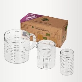 TreeBox Measuring Cups Glass - Small Measuring Cups - 3-Piece Set (250ml, 125ml & 50ml) - English Version - Robust and heat-resistant measuring cup set made of borosilicate glass - Microwave-safe - For baking & mixing