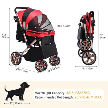 Візок для собак DWVO 3-в-1: візок, переноска, сумка. До 22 кг, EVA-колеса, відкидний кошик, сітчасті вікна, 58.5x76x105 см. Червоний колір