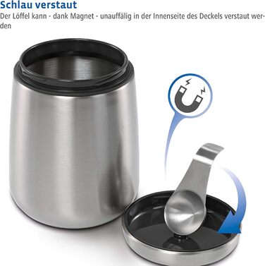 Stainless Steel Coffee Canister 500g (airtight stainless steel canister including magnetic measuring spoon in the lid, anti-fingerprint coffee container, coffee box for storing 500g of ground coffee/beans) silver
